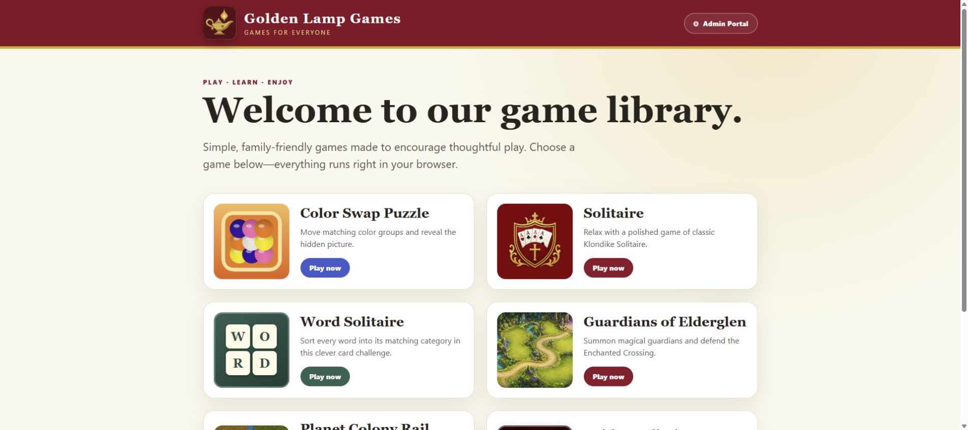 Golden Lamp Games: Public homepage, October 2026